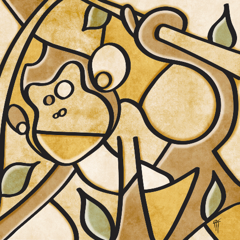 Abstract artwork of monkey with geometric shapes on a beige background. Art by Roly Orihuela