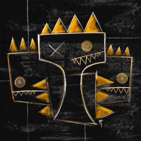 Abstract artwork with geometric shapes of three characters on a black background. Art by Roly Orihuela (ROLYO)
