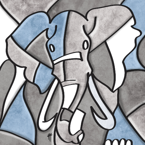 Abstract illustration of an elephant with a blue and gray color scheme. Art by Roly Orihuela (ROLYO)