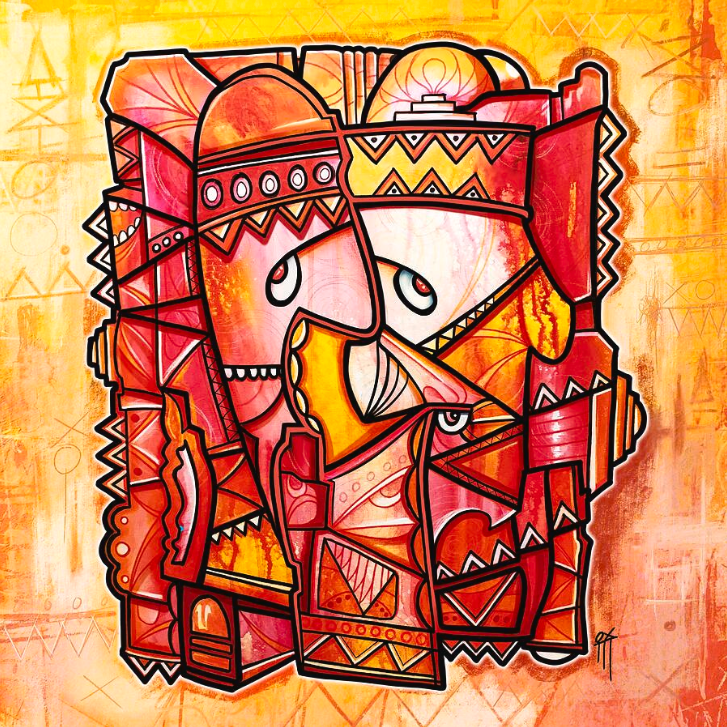 Colorful abstract design with geometric patterns on a warm-toned background
