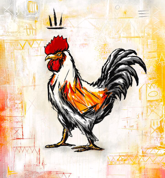 Colorful illustration of a rooster on an abstract background. Art by Roly Orihuela (ROLYO)